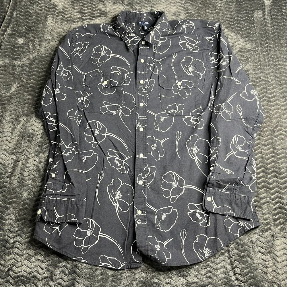 Gap Long Sleeve Button Down Shirt Black Men size 2XL White Floral Classic Fit